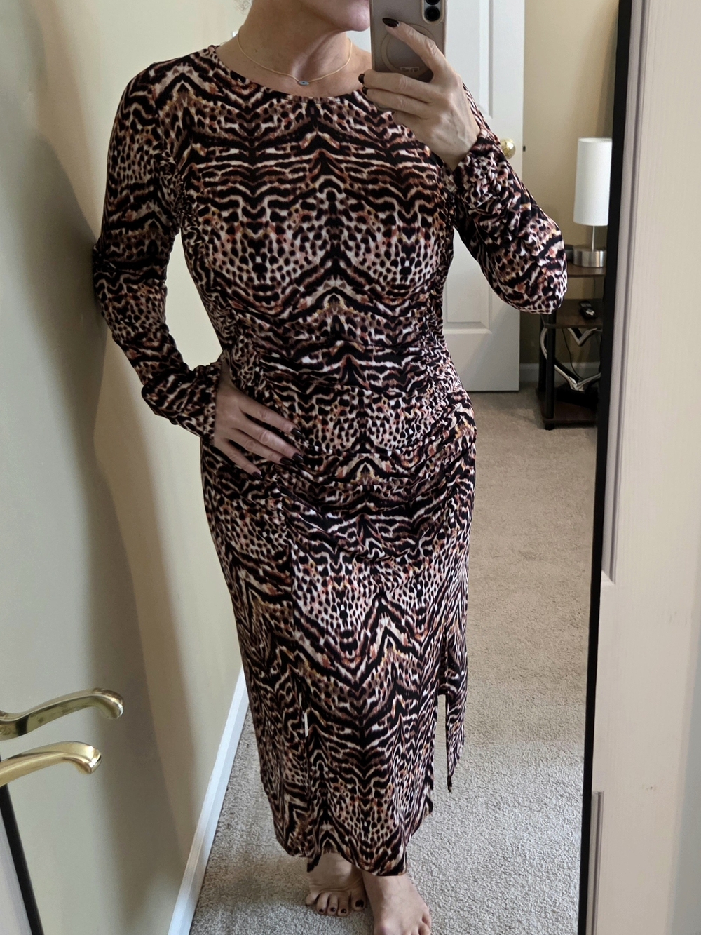 Veronica M Brown and Pink Animal-Print Long Sleeve Ruched Midi Dress